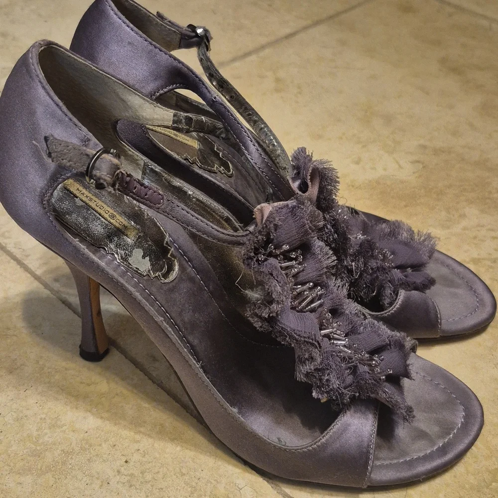 MAX STUDIO satin Beaded Chiffon Ankle Strap Heels 6.5 Dusty Lilsc Open Toe Shoes
